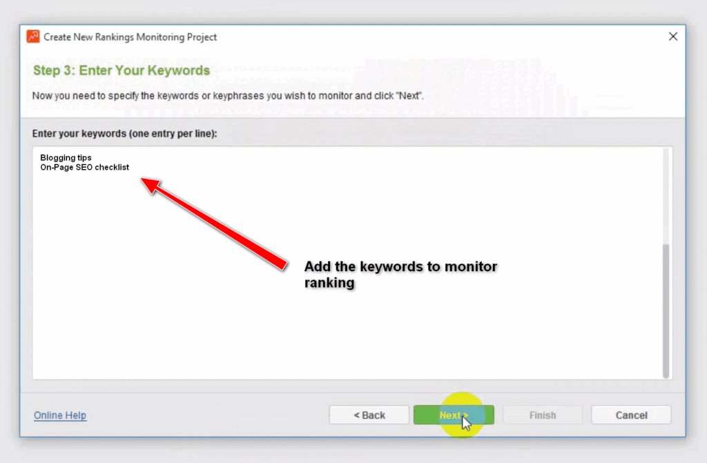 Rank tracker 3-enter-keywords-to-monitor-in-Search-engine