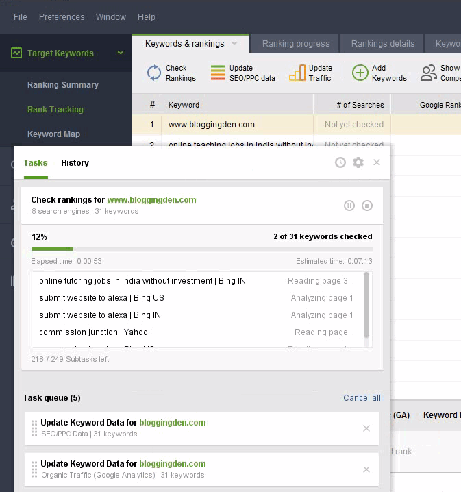 Rank tracker Step 5-keywords-data-fetching-started