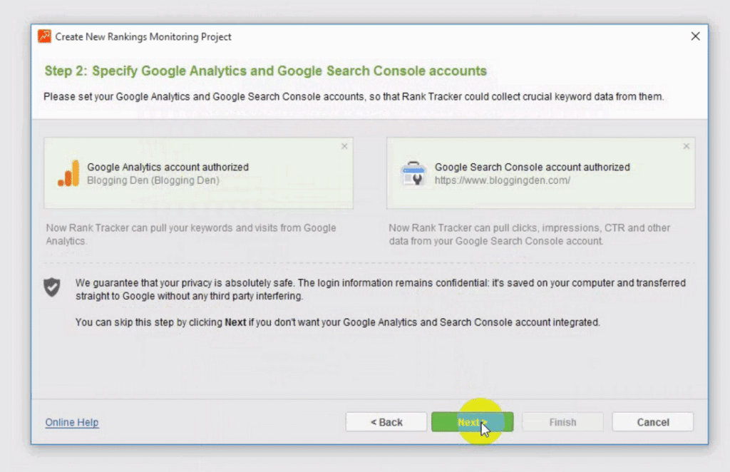 Rank tracker step 2-specify-Google-analytics-and-search-console-account-details-authorized