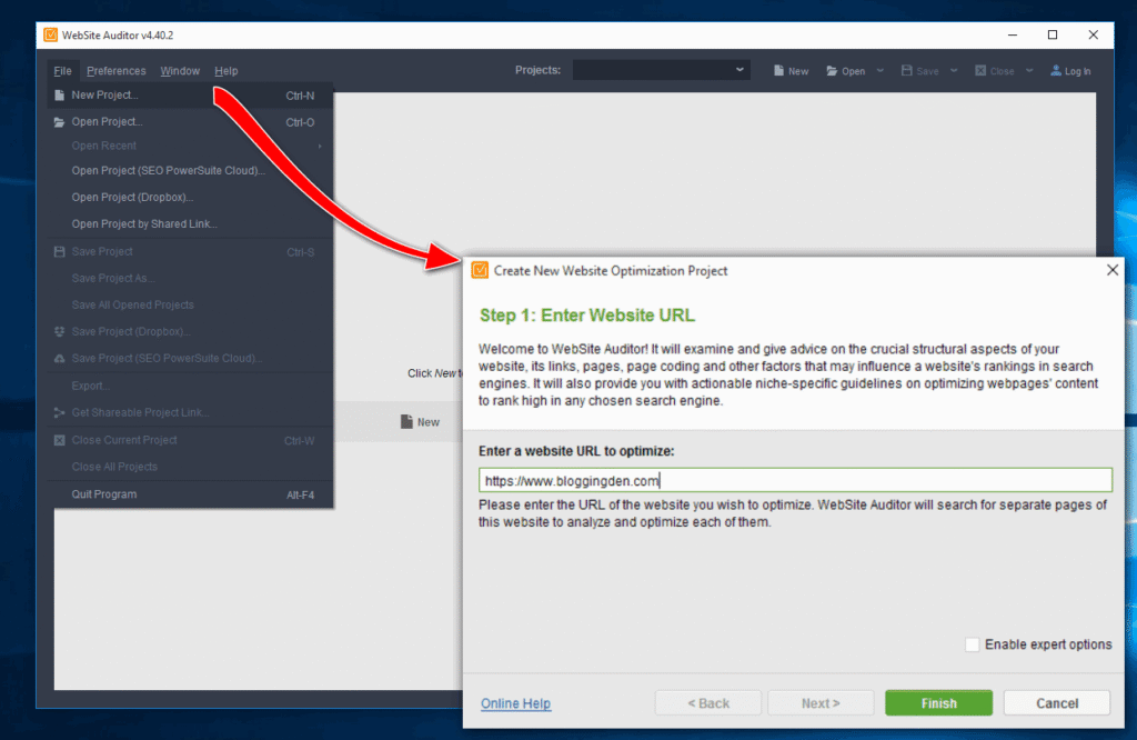 Website Auditor step 1-create-new-project