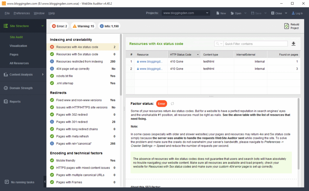 Website Auditor step 3-here-is-the-bloggingden-audit-data