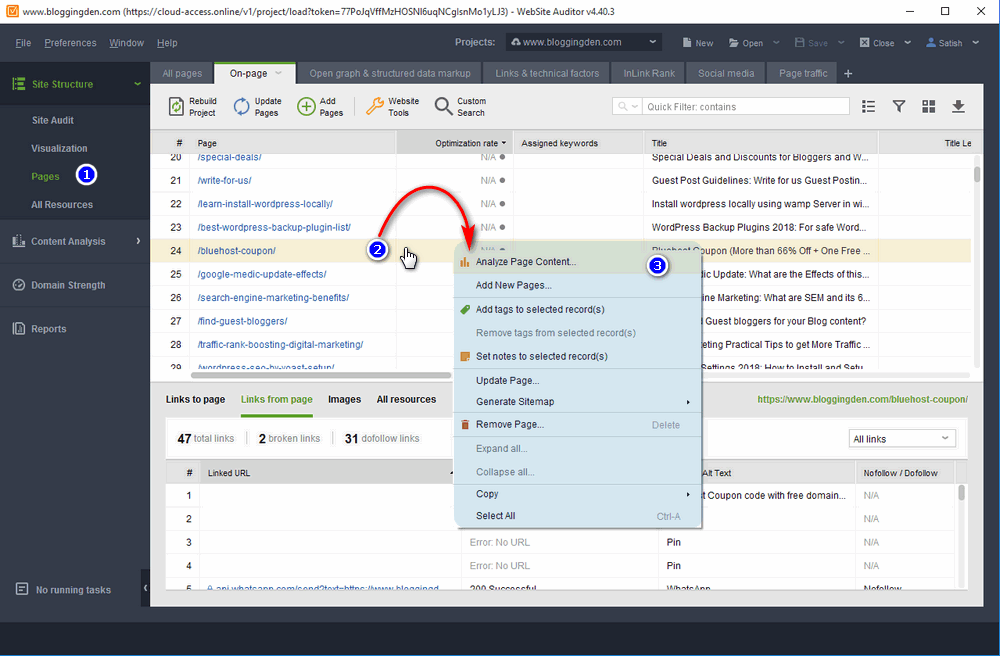 Website Auditor step 4 site-on-page-analysis