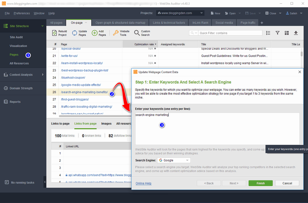 Website Auditor step 5 site-on-page-analysis-enter-keywords