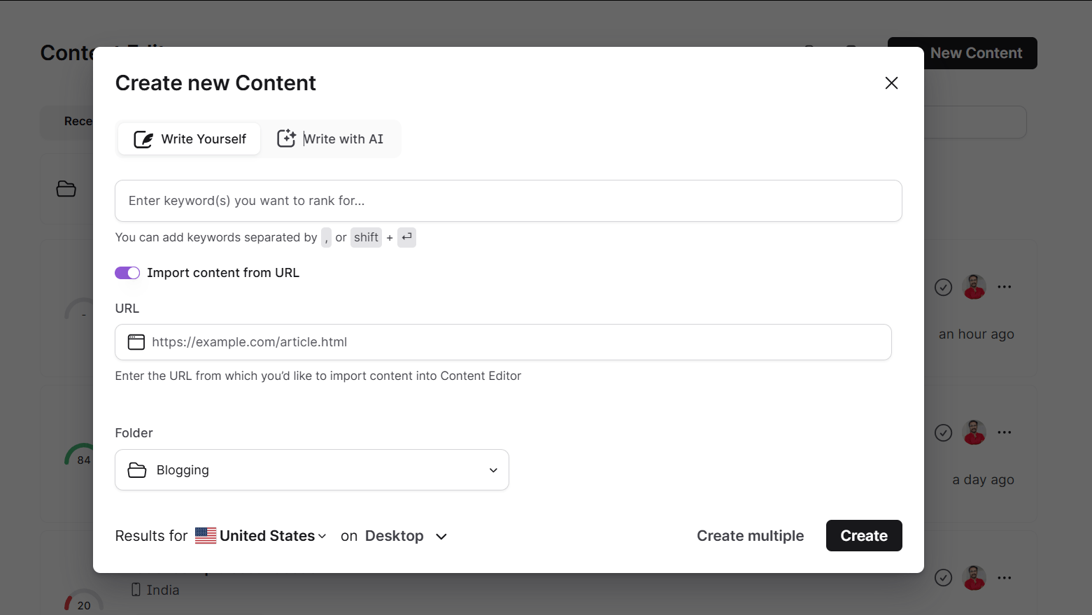 content editor - Create new content - write yourself
