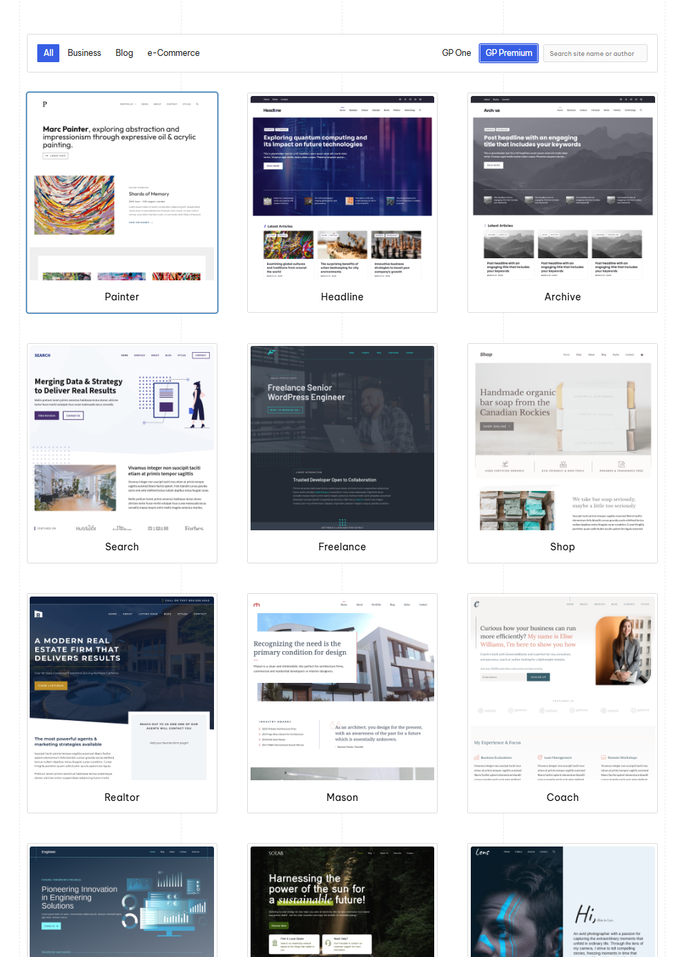 Generatepress Site Library Starter Themes List