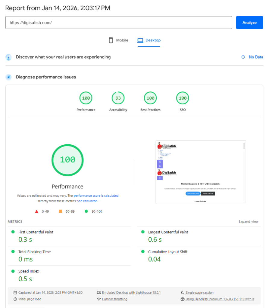 kadence theme pagespeed result - desktop