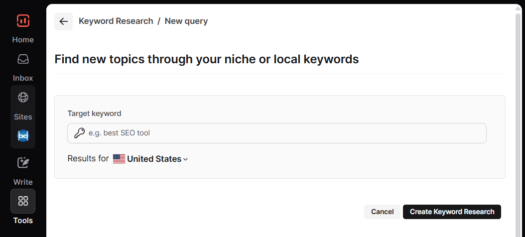 Surfer SEO keyword research - New Query
