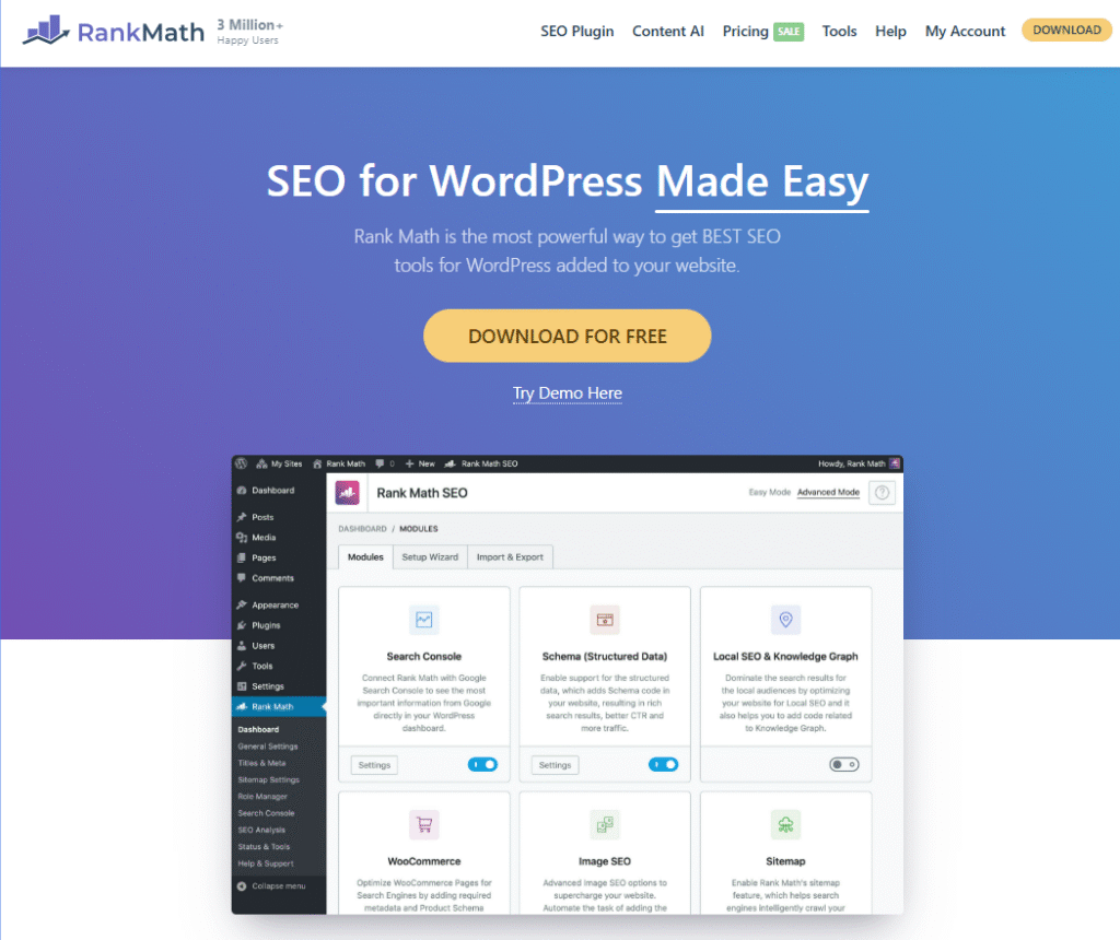 Rank Math SEO plugin homepage for the Rank Math Review 2025