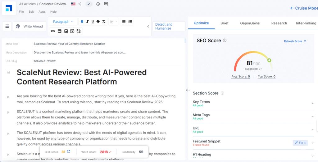 scalenut Ai article writing editor
