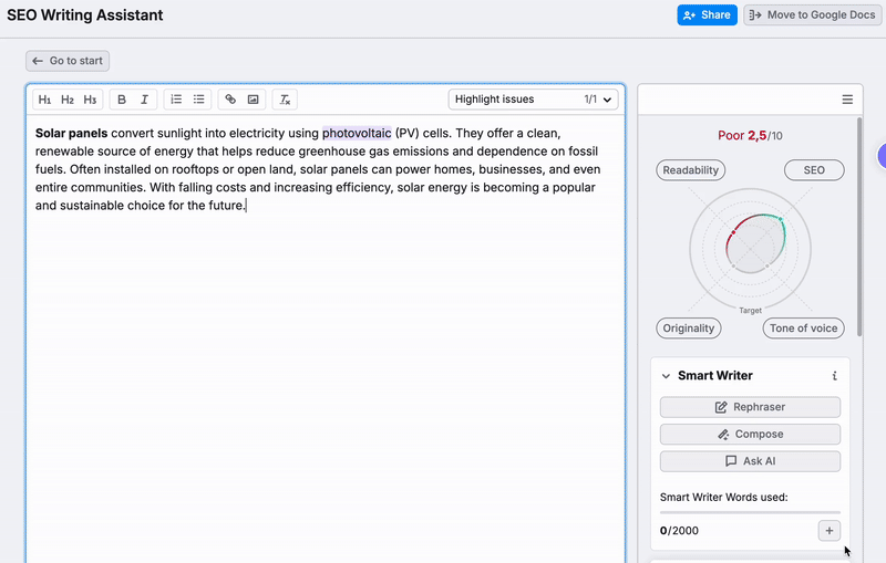 Semrush seo writing assistant content panel