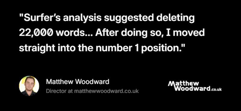 surfer seo testimonial from mathew woodward