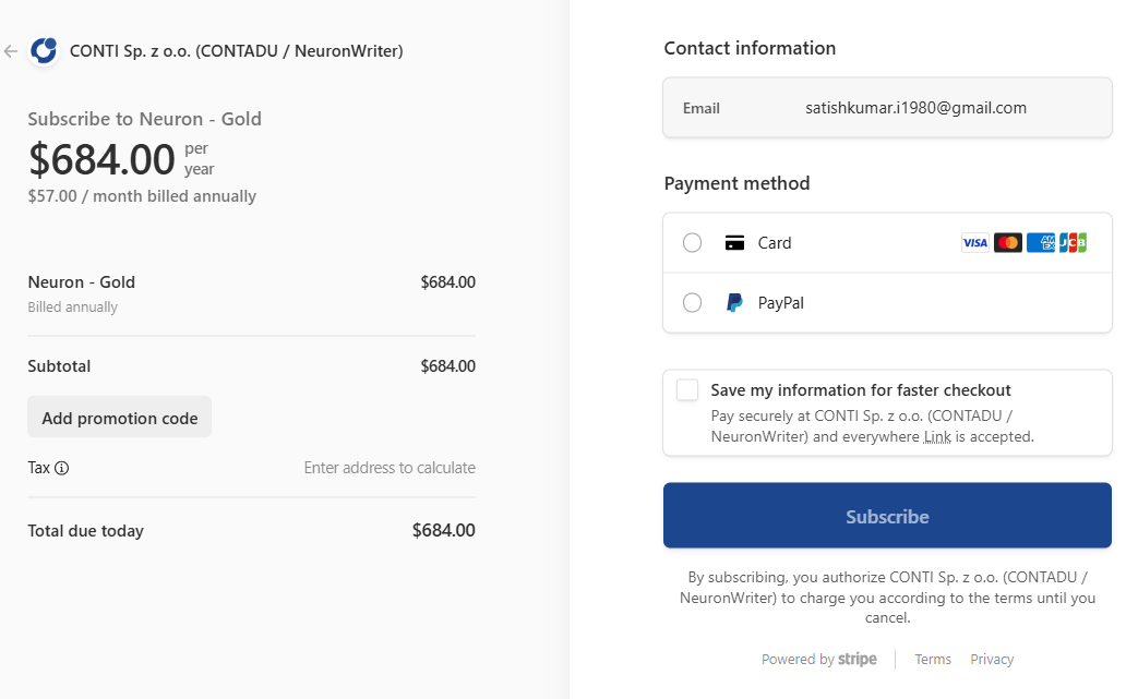 Neuronwriter - Gold plan checkout
