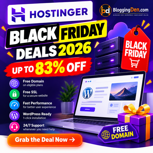 Hostinger Black Friday 2026 hosting deals with up to 83% off at BloggingDen.com