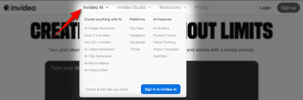 invideo ai menu