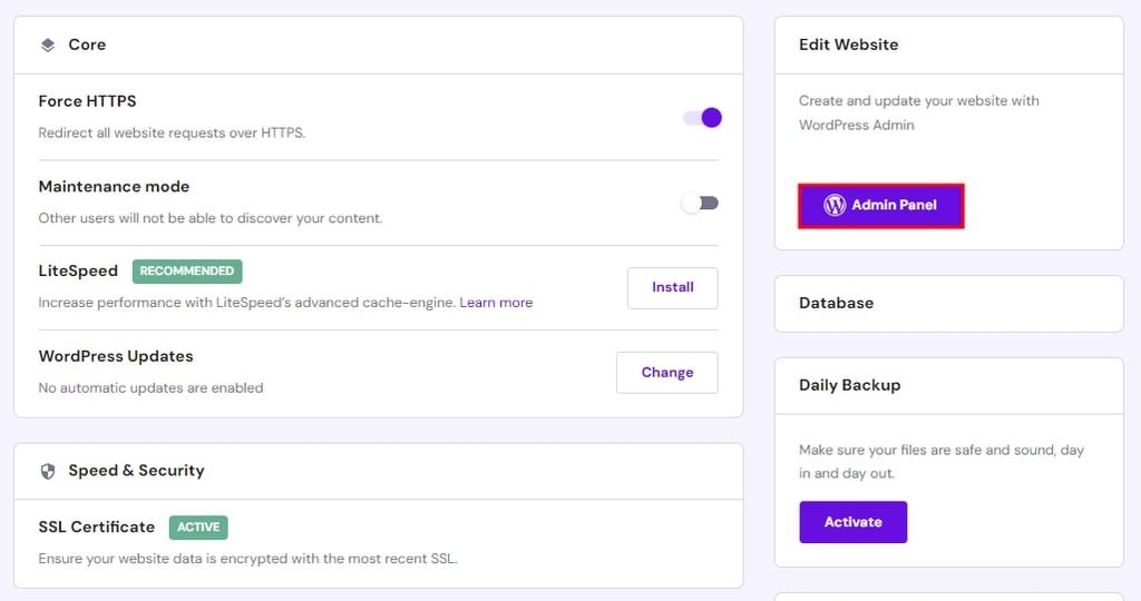 Admin Panel button from the Core