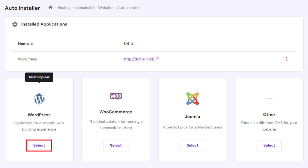Hostinger hPanel Auto Installer WordPress setup screen