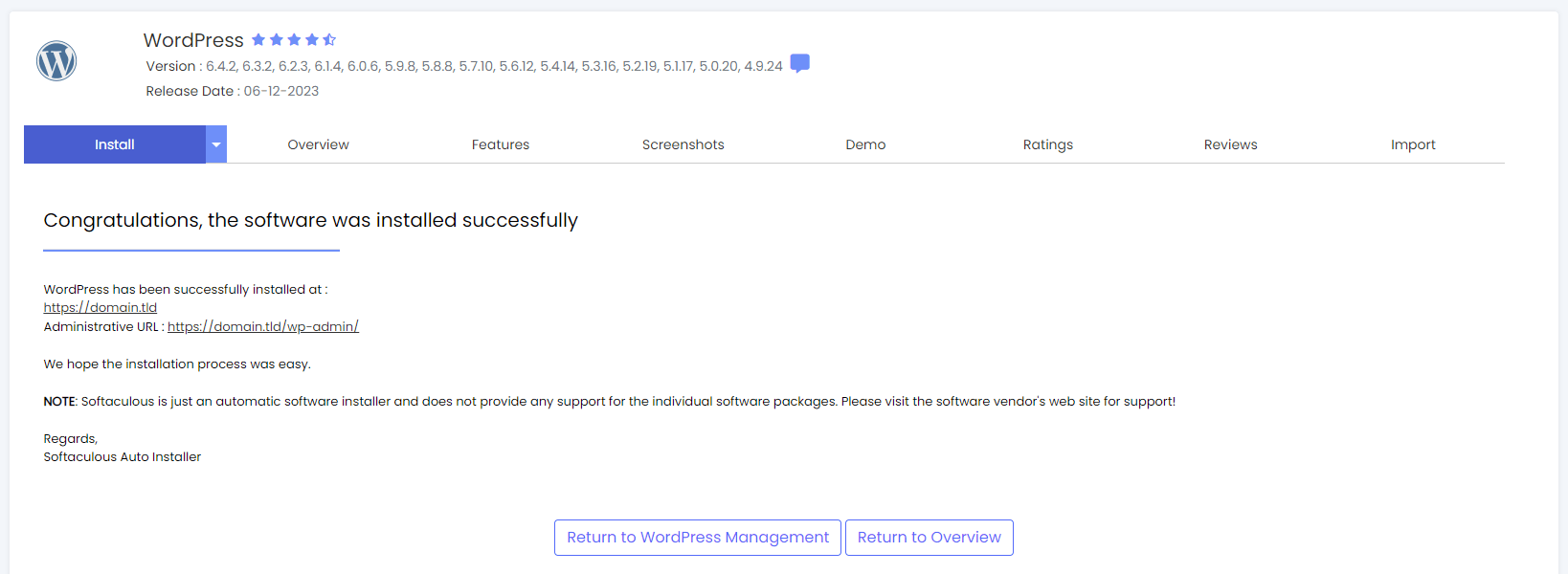 congrats message after wordpress installation in hostinger
