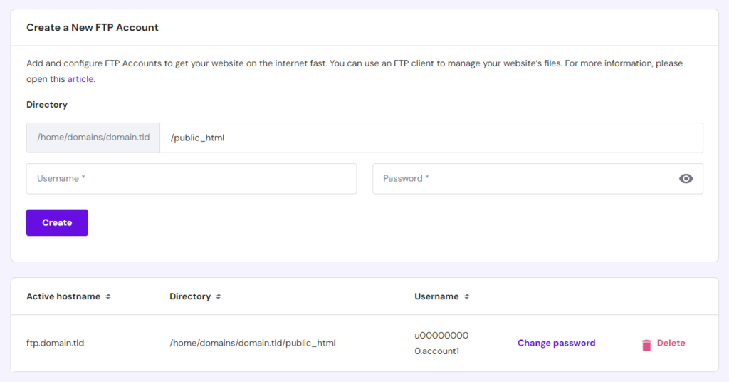 create a new FTP account in hostinger server