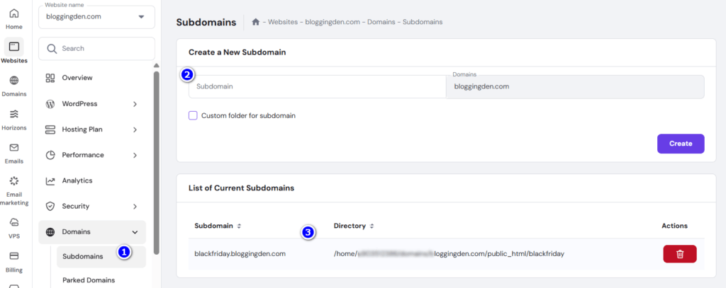create a new subdomain