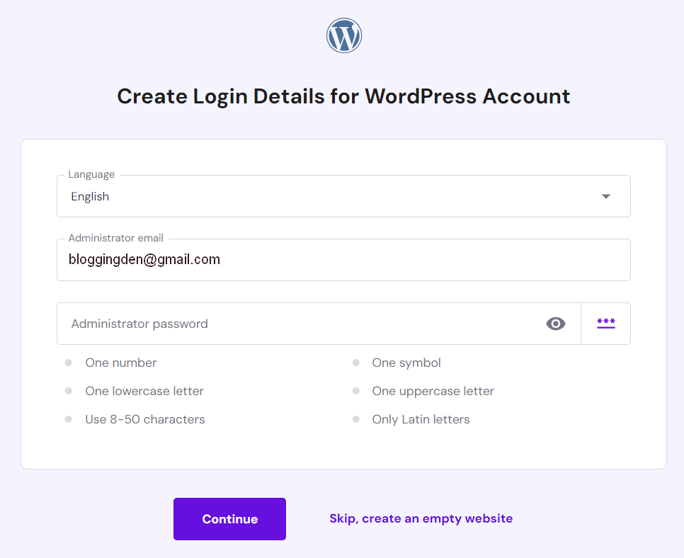create login details for wordpress
