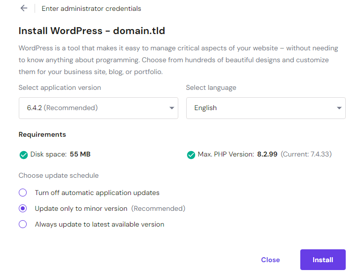 install wordpress after admin credentials