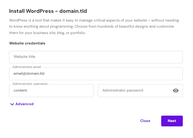 install wordpress of the admin credentials