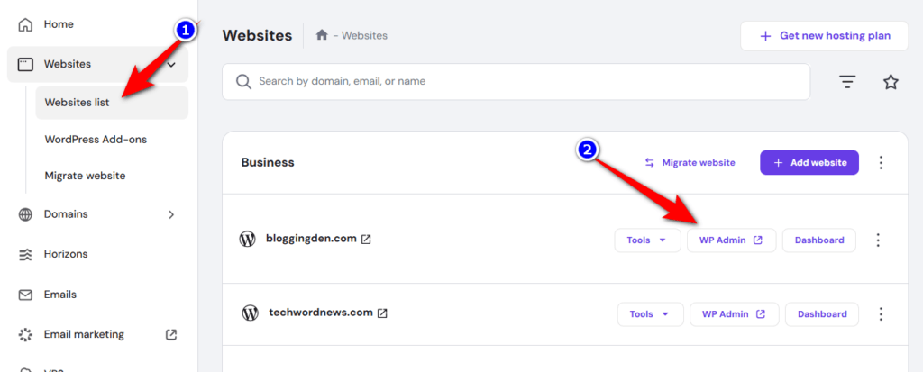 login wordpress site from hostinger account