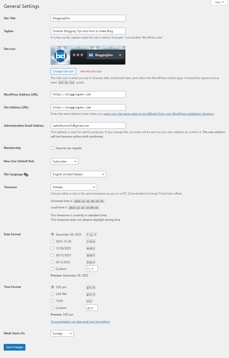 wordpress settings after new installation