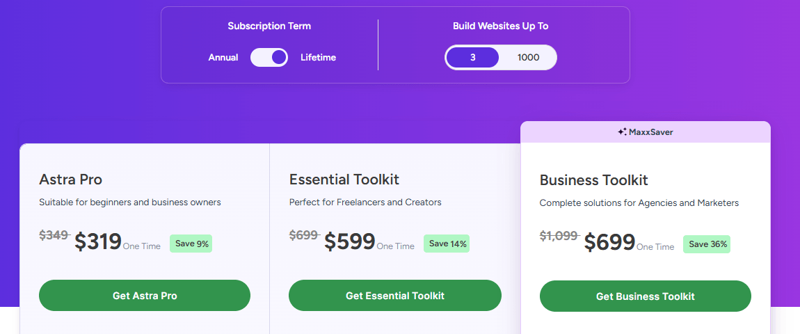 astra theme pricing page with discount
