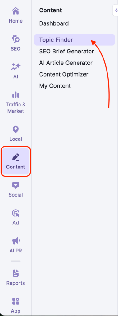 Open Topic Finder in the Content Toolkit