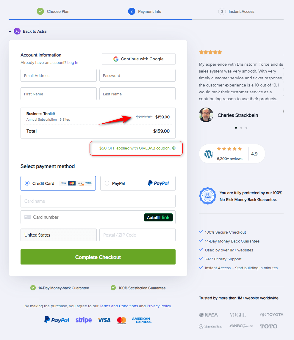 astra theme discount checkout page - Choose plan