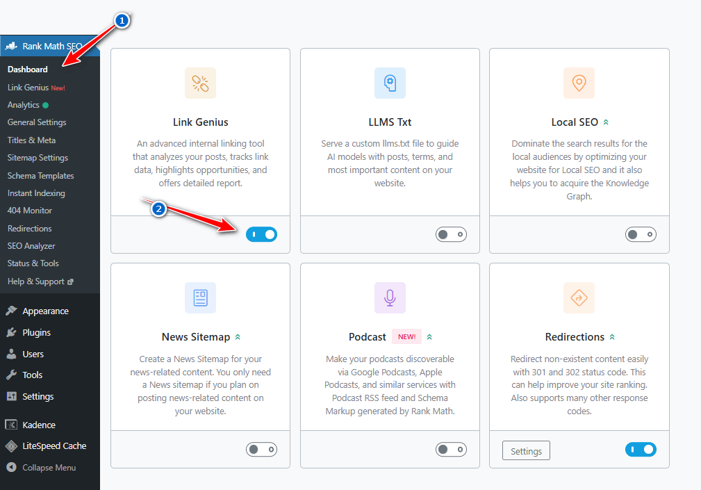 Rank Math AI Link Genius - Dashboard - Link Genius Enable
