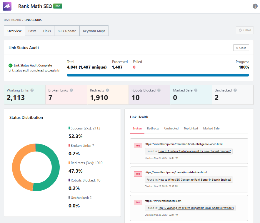 Rank Math AI Link Genius - Dashboard Overview