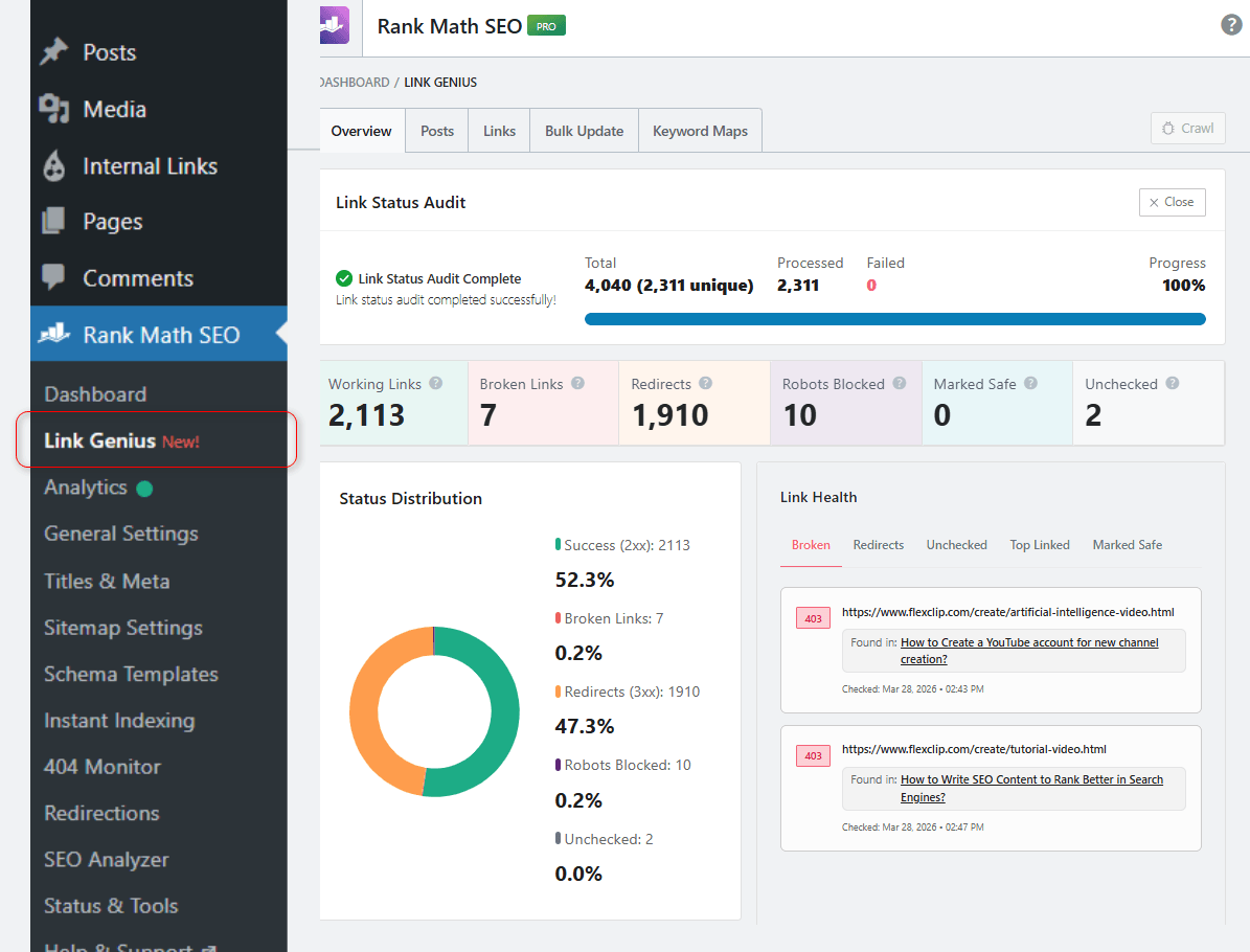 Rank Math AI Link Genius - Dashboard - links