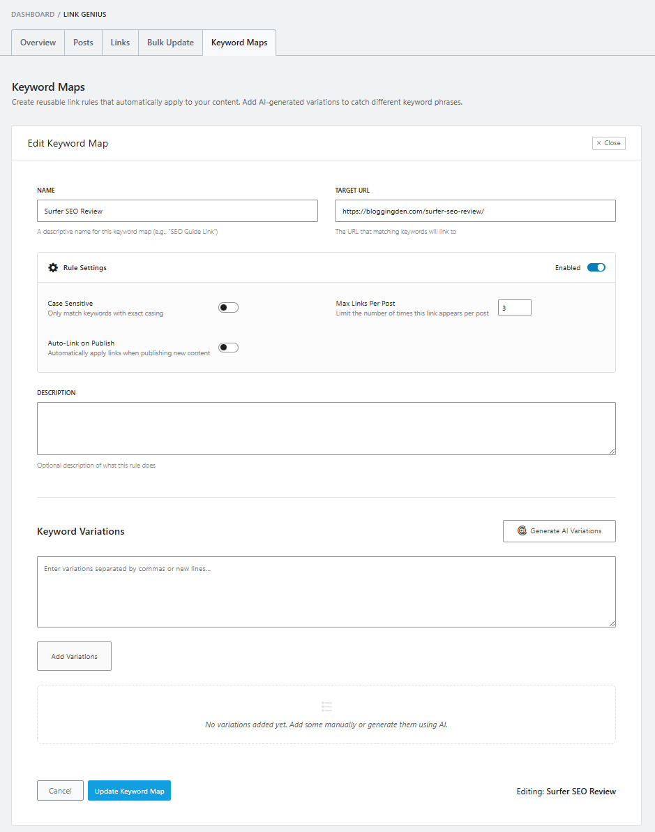 Rank Math AI Link Genius - Keyword Maps - Ai linking with Keyword Variations