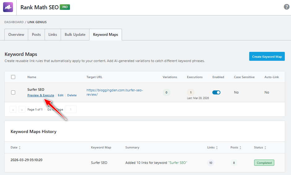 Rank Math AI Link Genius - Keyword Maps - Preview & Execute
