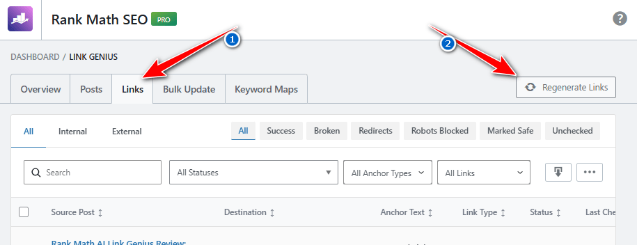 Rank Math AI Link Genius - Links - Regenerate Links
