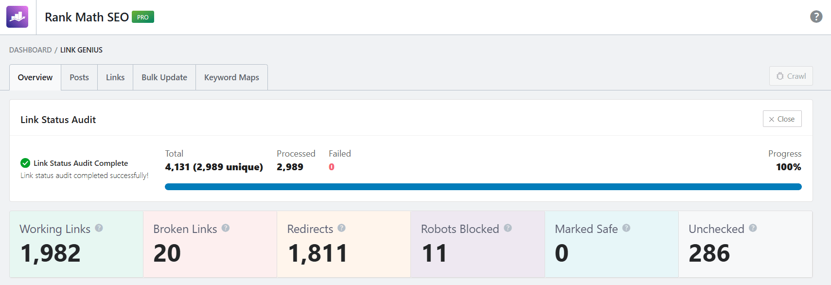 Rank math seo - link genius dashboard