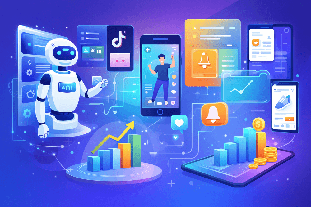 Futuristic digital marketing landscape featuring