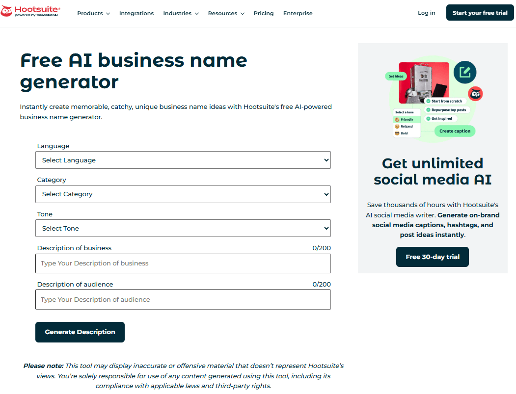 hootsuite free AI business name generator