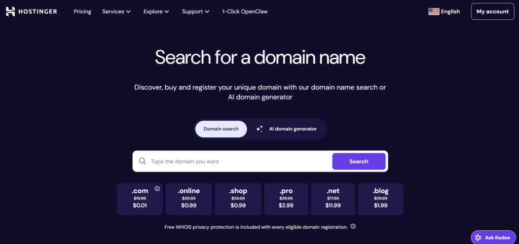 hostinger search for a domain name