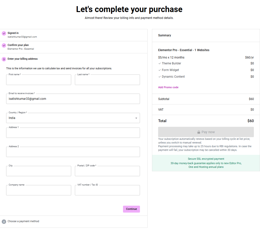 Elementor checkout page