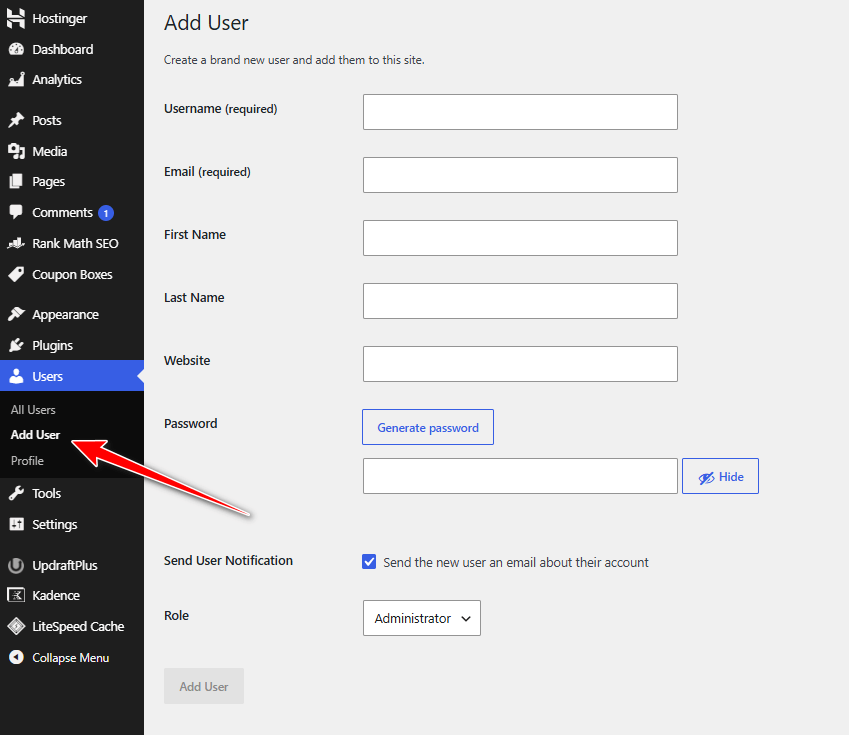 WordPress - Add User as Admin