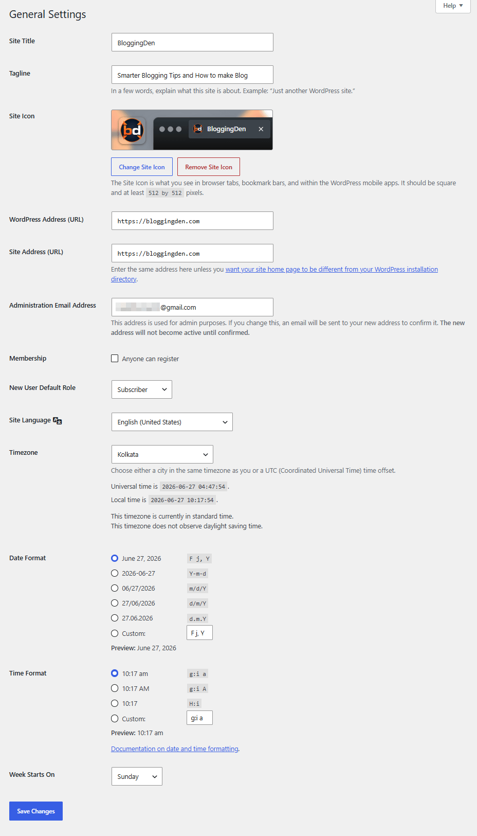 WordPress - Generaral settings