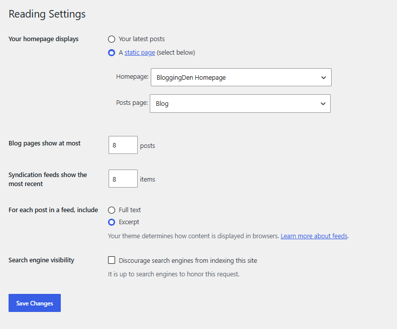 Wordpress - Reading settings