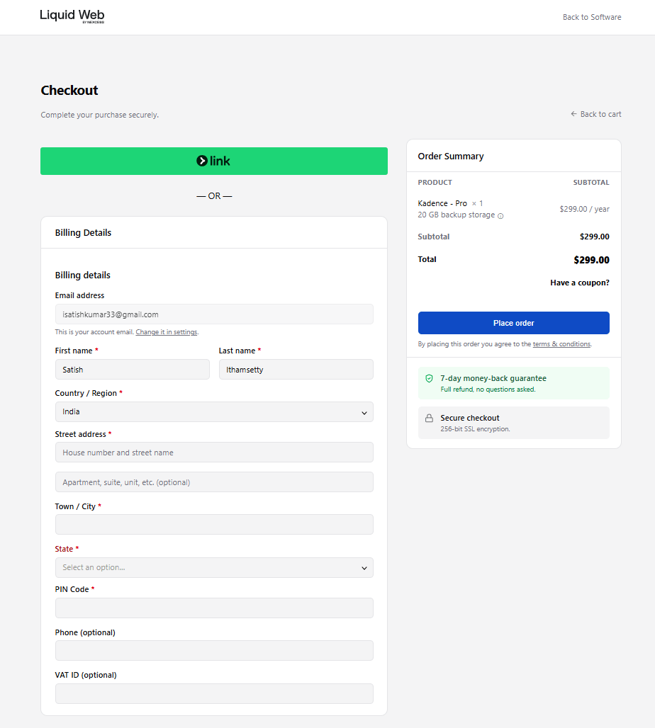 kadence pro in checkout page