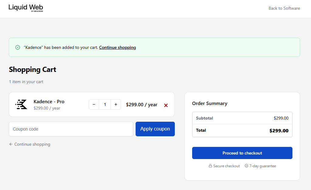 kadence pro in shopping cart