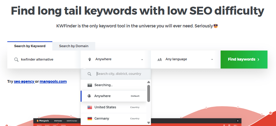 kwfinder - enter seedkeyword and choose location