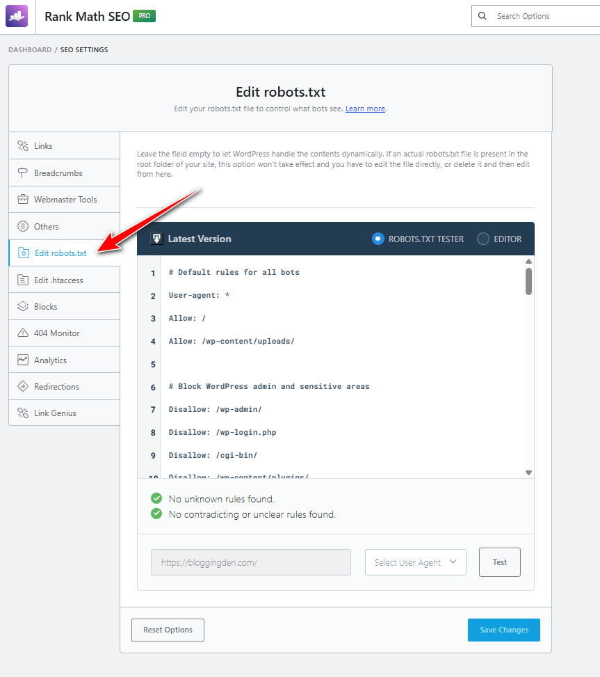 rank math robots file editor and tester