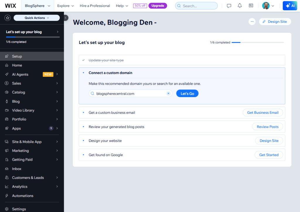 wix dashboard interface